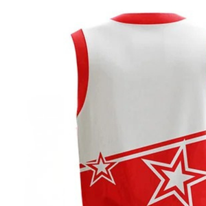 Ensemble d'uniformes de basketball personnalisés pour hommes, rouge et blanc, maillot sans manches à col en V et short à imprimé étoile, taille élastique, vêtements d'équipe en gros - Product Image 4