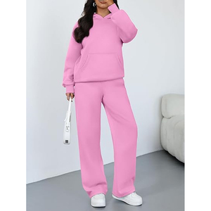 Women's <b>Pink</b> Hooded 100% Cotton <b>Tracksuit</b> Set Full Sleeve Solid Color Casual Loose Fit Sweatshirt Pants - Product Image 4