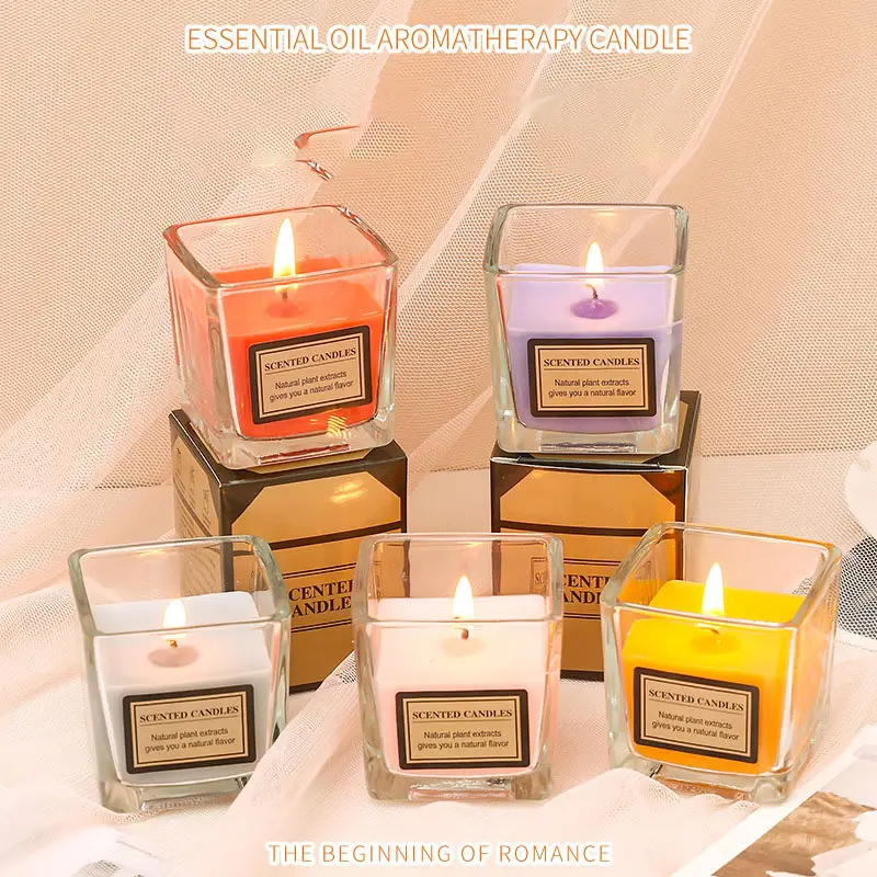 Custom Square Glass Jar Soy Wax Candle Smokeless Romantic Fragrance Home Decor Scented Candle