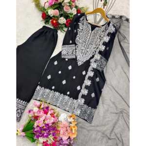 Beaux ensembles pour femmes pour les fêtes Top-Plazzo et Dupatta avec broderie - Product Image 3
