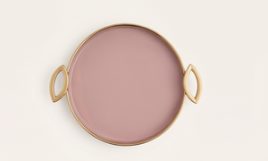 Wholesale Round <b>Pink</b> Enamel Metal Serving Tray Satin Gold Rim Oval Leaf Loop Handles Coffee Table Dessert Snack - Product Image 2