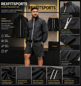 REXFIT SPORTS 2026 Ensemble coupe-vent personnalisé pour homme en nylon noir, veste à col montant entièrement zippée et short à cordon de serrage, vêtements de sport personnalisés - Product Image 1