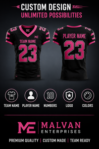 Camiseta de Fútbol Americano Personalizada de Malvan Enterprises, Unisex, Negra y Rosa, Cuello en V, Absorbe la Humedad, Transpirable, Costuras Resistentes - Product Image 3