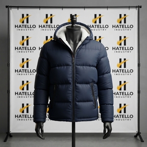 HATELLO Regular Fit Thick Polyester Wadding Navy Hooded Puffer Jacket Sherpa Lining Windproof Winter <b>Coat</b> <b>Men's</b> Puffer Jackets - Product Image 1