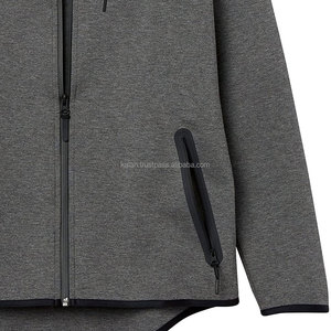 Men's Gray Hooded <b>Zip</b>-<b>Up</b> <b>Fleece</b> Sweatshirt Regular Sleeve Solid Color Breathable Custom Design <b>Hoodie</b> - Product Image 5