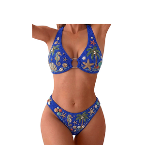 Prêt à expédier Nouvelle Arrivée Ensemble Bikini 2 Pièces Bleu Perlé Halter à Lacets avec Motif Coquillage et Palmier pour Femme Tenue de Plage - Product Image 1