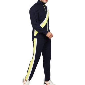 Chándal Azul Marino para Hombre con Franja Diagonal Amarilla Neón, Diseño Deportivo con Cierre Completo, Corte Regular, Ropa de Otoño Transpirable - Product Image 2
