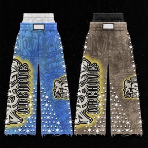 Pantalones de chándal holgados de algodón grueso con estampado integral, cintura alta, efecto arrugado, lavado ácido y pedrería, doble cintura, para hombre, personalizados - Product Image 1