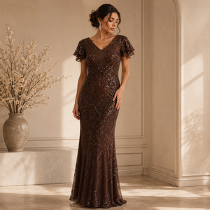Women Brown Beaded <b>Sequin</b> Mermaid Maxi Dress V Neck Flutter Sleeve Embellished Evening Gown Formal Party Wedding Prom Elegant - Product Image 2