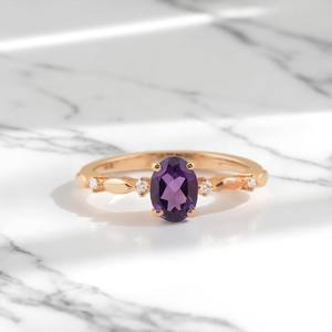 Bague de fiançailles en améthyste violette, délicate, ovale, avec pierre précieuse violette, alliance de mariage, bijou pierre de naissance en améthyste, argent 925 - Product Image 1
