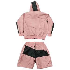 Ensemble de survêtement unisexe rose à blocs de couleur, veste à capuche zippée et short, sportif, respirant, léger, en polyester, pour adulte, idéal pour le printemps - Product Image 2
