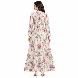 Vestido maxi floral tejido para mujer, manga larga, cuello con solapa, plisado, elegante, holgado, estampado, informal, acampanado, ropa al por mayor - Product Image 6