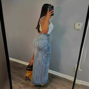 Falda Maxi Vaquera Casual de Invierno para Mujer, Nueva Falda Larga de Mezclilla Natural Teñida en 3D, Transpirable, de Cintura Alta, de Secado Rápido, Lavado Medio - Product Image 1