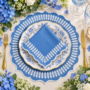 Elegante Juego de Manteles Individuales y Servilletas de Algodón con Bordado Botánico Azul y Blanco, Decoración de Mesa Redonda Festoneada para Fiestas y Días Festivos - Product Image 2