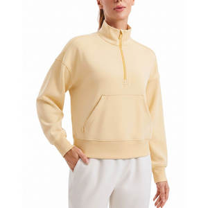 Sudadera de mujer amarilla clara con media cremallera, forro polar premium de alto gramaje, estilo oversize, para estar en casa, con bolsillo canguro - Product Image 1