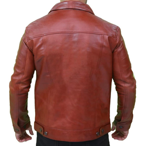 <b>Men</b> Genuine <b>Leather</b> <b>Jacket</b> <b>Brown</b> Turn-down Collar Button Closure Regular Fit Casual Autumn Style Solid Color - Product Image 3