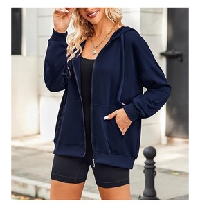 Nouvelle collection – Sweat à capuche zippé décontracté et confortable pour femme, 100 % coton, manches longues, col rond, épaules tombantes, couleur unie – Meilleur prix - Product Image 3