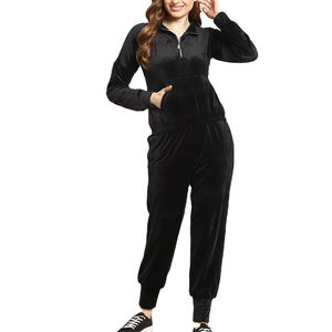 Ensemble de combinaison en velours 2 pièces à manches longues pour femmes grandes tailles, vêtements de sport décontractés, coupe ample, toutes saisons, imprimé lettres brodées, noir - Product Image 2
