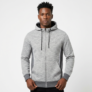 Men's Gray Hooded <b>Full</b> <b>Zip</b> <b>Sweatshirt</b> Regular Fit Knitted Polyester Cotton Casual Autumn Wear - Product Image 4