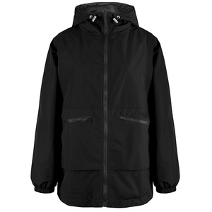 Chaqueta Cortavientos con Capucha para Mujer, Manga Larga, Cierre de Cremallera, Impermeable, Informal, Color Negro Sólido, Largo Regular - Product Image 1