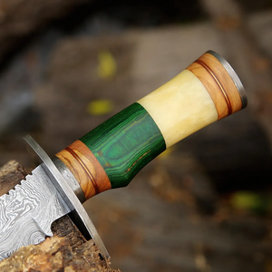 Cuchillo de caza LEGACY BLADES con logotipo personalizado, hoja fija de acero de Damasco de grado industrial, punta caída, mango de madera, para camping y actividades al aire libre. - Product Image 4
