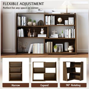 Estantería de madera extensible de 3 niveles, estantería ajustable de 2 piezas con 6 compartimentos abiertos, color nogal - Product Image 2