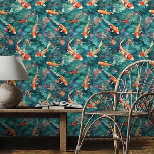 Carta da Parati Adesiva Vintage con Acquario Blu Verde Arancione e Fiori Viola Rosa, Adesivo Murale Effetto Acquerello - Product Image 5