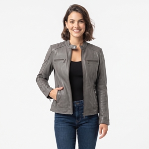 Veste en cuir véritable pour femme, style vintage, veste de motard en cuir, veste en cuir tricotée avec poche poitrine pour femme - Product Image 6