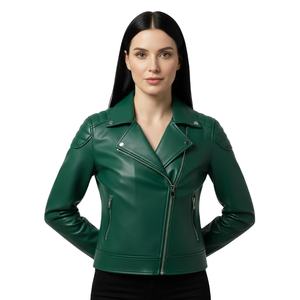 Blouson de moto en cuir vert pour femme, vente en gros personnalisée, quantité en vrac, style motard authentique, manteau pour femme, prix d'usine, approvisionnement OEM - Product Image 1