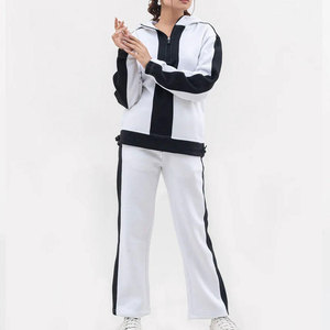 Women Plus Size Tracksuit Set White Black Color Blocking Half-<b>Zip</b> Long Sleeve Loose Fit Autumn Full Length With Side Pockets - Product Image 3