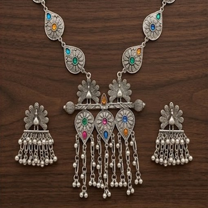 DIVYORO Women's Ornate OXIDIZED SILVER <b>Statement</b> <b>Necklace</b> with Multi-Colored Teardrop Drops Adjustable Length for Anniversary - Product Image 2