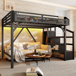 Letto a soppalco interamente in metallo con luci LED e porte USB, armadio integrato silenzioso e scale contenitive per dormitorio - Product Image 2