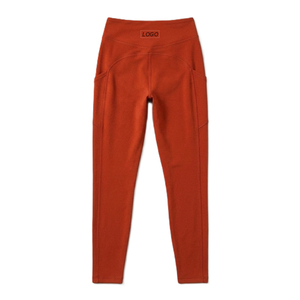 Pomegranate Color <b>Leggings</b> <b>with</b> <b>Pocket</b> High Waist Full Length Knitted Spandex Polyester Breathable Quick Dry Women's Activewear - Product Image 2