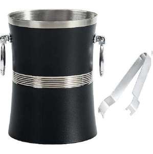 Cubo de hielo negro moderno con ribete de acero inoxidable y pinzas, cubo de hielo redondo de doble pared para fiestas. - Product Image 1