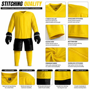 Ensemble d'uniformes de hockey sur glace jaunes unisexes avec shorts et gants noirs, maillot et leggings en polyester respirant pour adultes, pour le jeu en équipe - Product Image 5