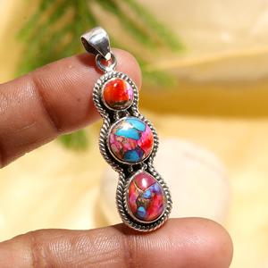 Pendentif en argent sterling massif 925 avec turquoise huître rose, pierre de naissance de décembre, serti clos de diamants taille ovale - Product Image 2