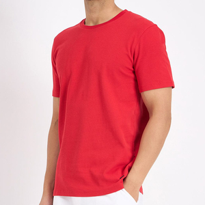 T-shirt en coton rouge pour homme, col rond, manches courtes, coupe classique, couleur unie, décontracté, tricoté, design uni - Product Image 3