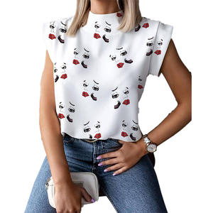 Top corto con estampado de dibujos animados para mujer, jersey de cuello alto con manga corta, sin mangas, blanco, informal, para primavera y verano - Product Image 2