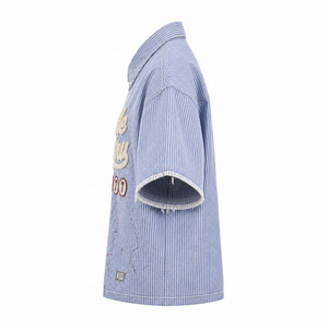Camisa Y2K con Apliques de Chenilla a Rayas Azules, Personalizada, para Hombre, Estilo Oversize, Corte Cuadrado, con Botones, Manga Corta, Estilo Urbano Retro, 240g Algodón - Product Image 5