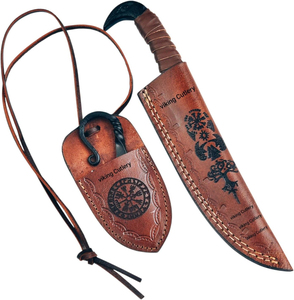 Cuchillo de camping estilo vikingo Raven Norse de la industria SHORT SIGN, hoja de acero de Damasco, punta caída, mango de cuero, funda, HRC60-65, 3 años de garantía. - Product Image 5