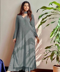 Gray Georgette Kurta For Women <b>Floor</b>-Length Loose Fit Eid Ethnic Wear India Pakistan Casual All Seasons Style 62914 BE-170 - Product Image 1