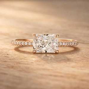 Radiant Cut Lab Grown Diamond Engagement <b>Ring</b> East West Diamond <b>Ring</b> Hidden Halo Solitaire Promise <b>Ring</b> Anniversary Gift - Product Image 3