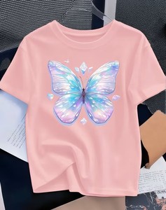 Girls Pink Butterfly Print 100% Cotton Breathable Short Sleeve Crew Neck T-Shirt Casual Summer Wear - Product Image 1