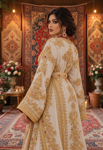 Caftán Marroquí Rojo Marfil Mishkat Couture con Bordado a Mano Dorado Intrincado, Vestido Maxi de Terciopelo Plumado Transpirable para Mujeres Musulmanas, Vestido de Novia - Product Image 3