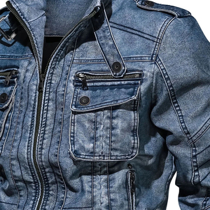 Veste en jean vintage effet vieilli style motard à col montant et multi-poches, coupe ajustée, pour la vente en gros - Product Image 5
