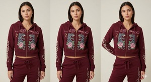 Custom Logo Women's Red <b>Cropped</b> Hoodie Floral Print <b>Zip</b>-<b>Up</b> Sweatshirt Full Sleeve Knitted Cotton Autumn Wear - Product Image 3