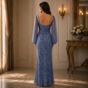 Womens Dusty Blue <b>Sequin</b> Embroidered Modern Draped Maxi Dress Sheer Long Sleeve Elegant Evening Wedding Formal Prom Party Gown - Product Image 3