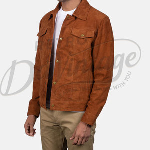 Chaqueta de cuero de gamuza marrón para hombre, estilo camionero, piel de oveja auténtica, corte ajustado, informal, con botones, estilo occidental, diseño vaquero. - Product Image 5