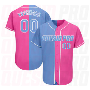 Mesh Full Dye Sublimation Custom Button Down Baseball Jersey Pink <b>Light</b> Blue-White Authentic Split Fashion Baseball Jersey - Product Image 1
