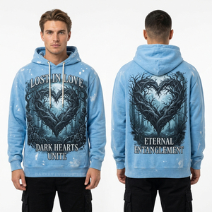 Wholesale Cyan Blue Garment Dye Hoodie Steampunk Mechanical Heart Graphic Sweatshirt <b>Men</b> Retro Distressed Wash <b>Pullover</b> Factory - Product Image 6